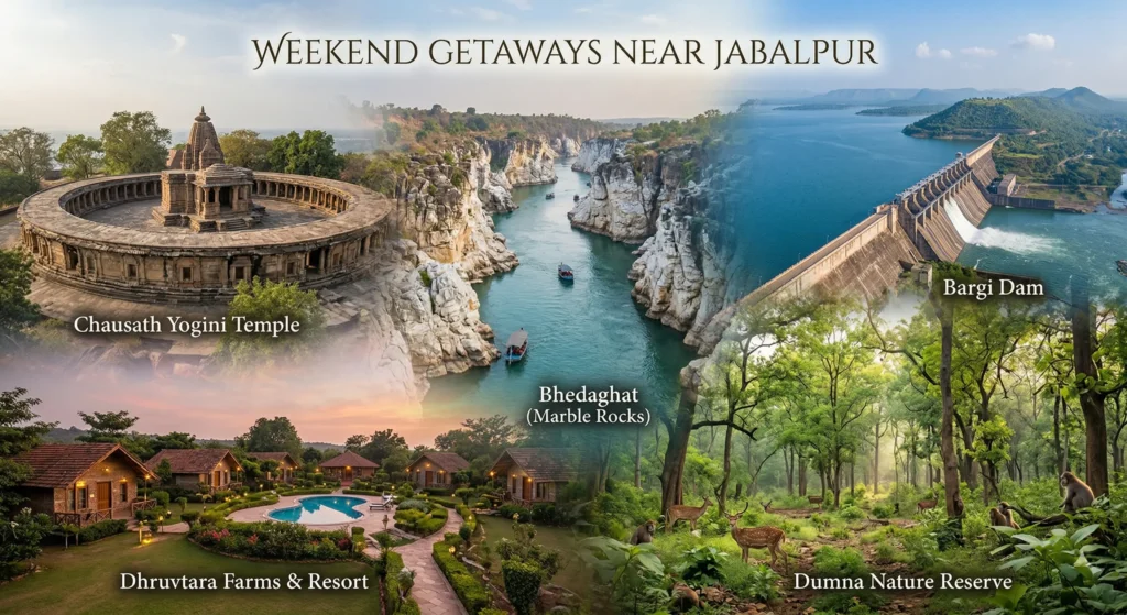 A list of the top 5 weekend getaways near jabalpur featuring Dhruvtara Farms & Resort, Marble Rocks, Bargi Dam, Dumna Nature Reserve, and Chausath Yogini Temple